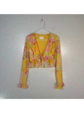 SABO Top Womens Small Tie Blouse Yellow Floral Ruffle BOHO Festival
